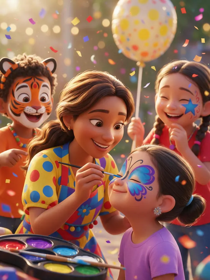 Animadora pintando una mariposa en la cara de una niña